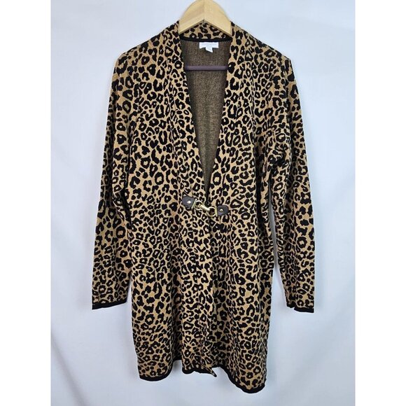 Charter Club Women's Cardigan Sweater Plus Size 0X Leopard Long Sleeve Duster - Picture 1 of 12